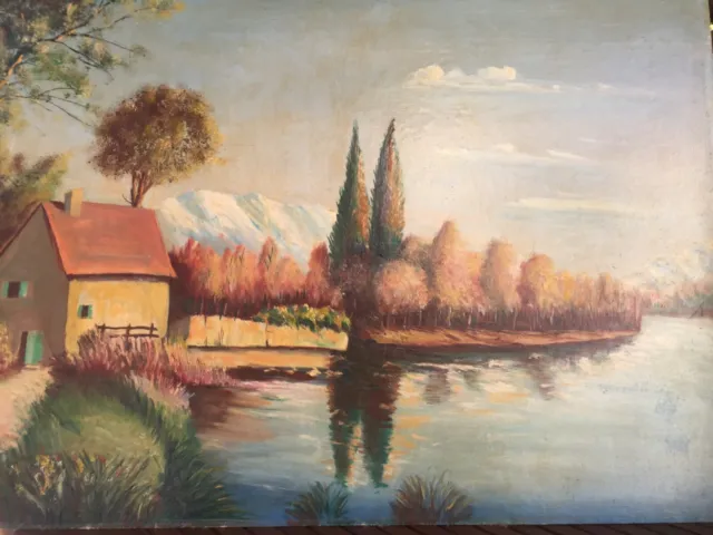 petite maison au bord du lac d'Annecy, paysage de france huile sur panneau 79X55