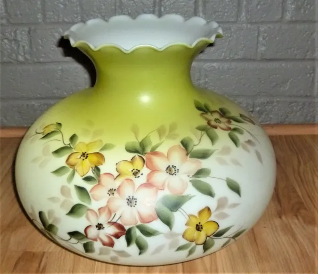 Large GWTW 9.5" Fitter Green Tint W Flowers Glass Hurricane Oil Lamp Shade
