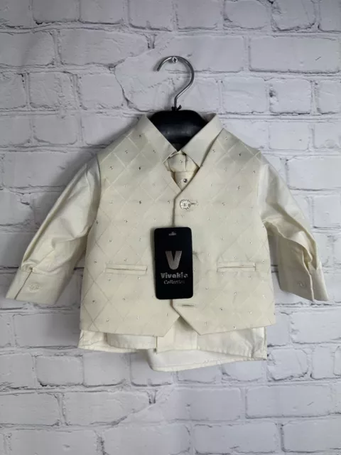 Vivaki Baby Boys Cream Suit 0-3 Months Waistcoat Tie Shirt Black Trousers (IN04)