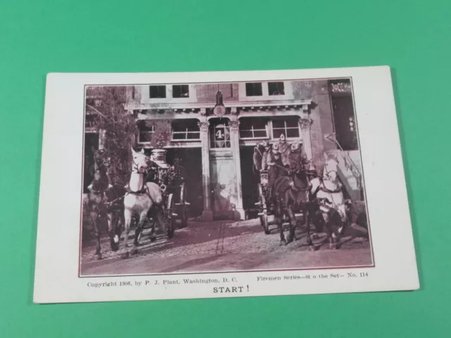 1906 Start! Postcard Fireman Series Horses Carriages Engine Firefighters Helmet