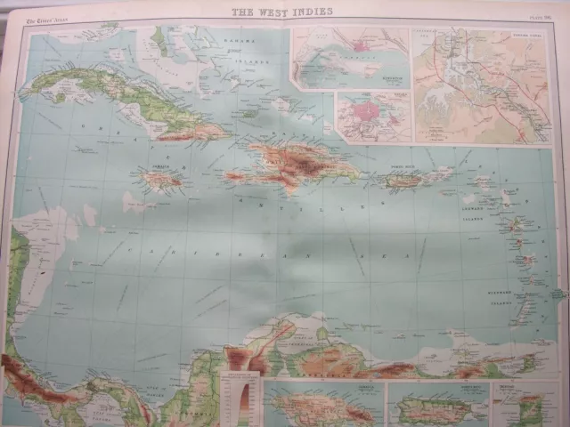 1920 MAP OF WEST INDIES Jamaica Cuba Panama Canal Haiti Plate 96 Times Atlas