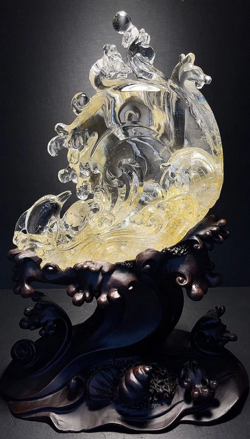 Chinese Exquisite Handmade Dolphin Carving Natural Crystal Statue