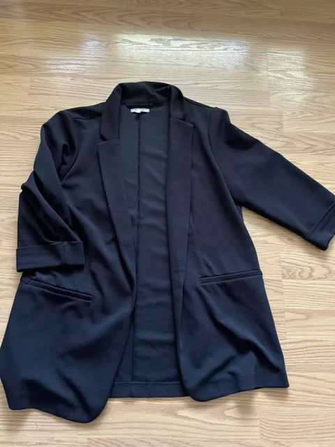 Maurices Jacket Women Black OX Stretch Blend Open Front Blazer Ruched Sleeve