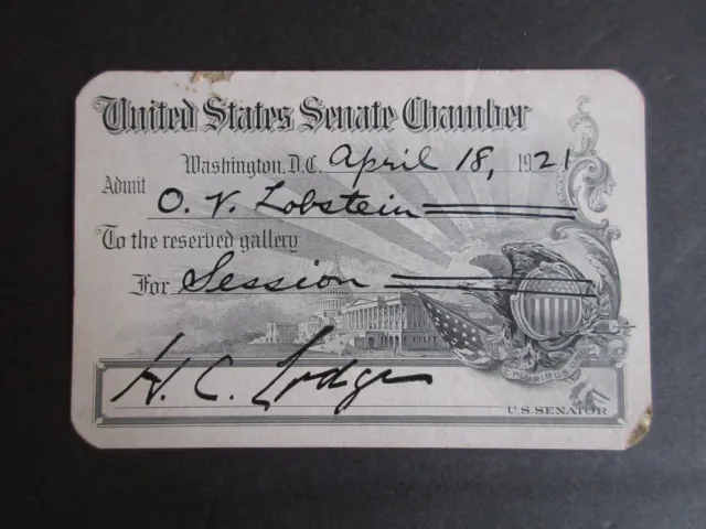 1921 United States Senate Chamber Invite Pass Henry Cabot Lodge U.s. Senator