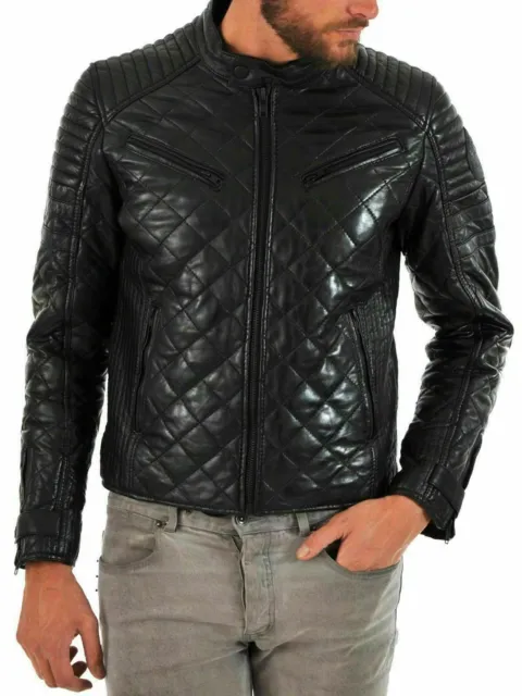 Men genuine lambskin leather Classic Quilted Puffer Biker Black Coat Jacket 2