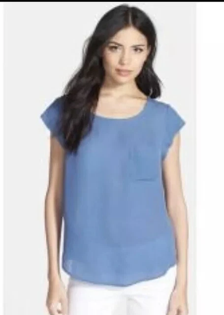 Joie Rancher Sea Blue Charmeuse Cap Sleeve Silk Pocket Blouse Top Xxs