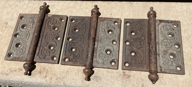 Set of 3 Antique Cast Iron 5 x 5 Victorian Fancy Pintel Decorative Door Hinges