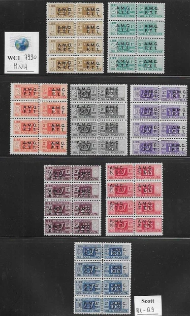 WC1_7990. TRIESTE FTT. Blocks of 1947-48 postage due set. Scott Q1-Q9. MNH