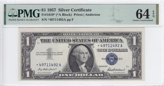 1957 $1 Silver Certificate STAR Note FR#1619* PMG CU 64 EPQ *49711492A