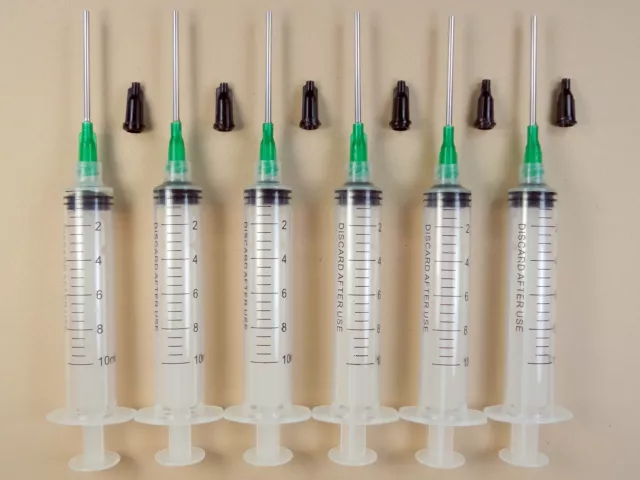 6 Syringes 10ml w 14 Gauge Tips & Caps Dispense E6000 Adhesive Glue  LL14