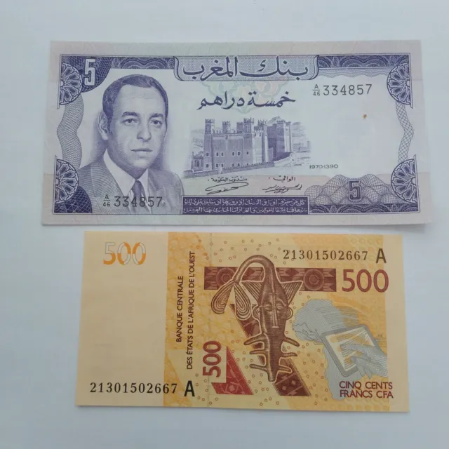 Morocco 5 Dirhams 1970 banknote Hassan with Free gift BCEAO 500 Francs 2012 note