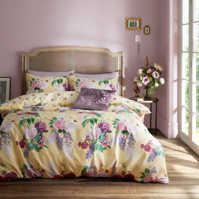 Bridgerton By Catherine Lansfield Wisteria Bouquet Roses Yellow Duvet Cover Set