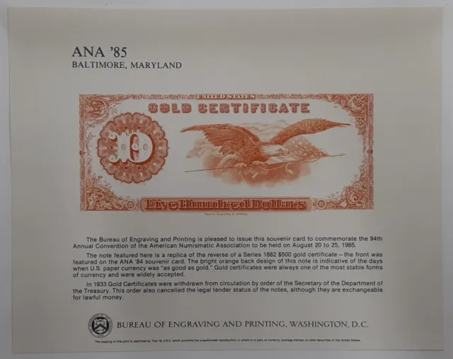 BEP Souvenir Card 1985 Baltimore ANA 1882 $500 Gold Certificate  B-82