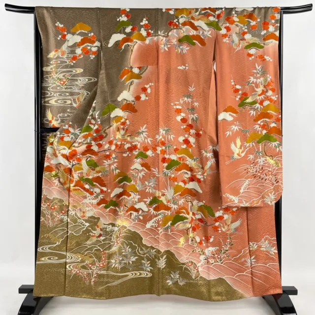 Japanese Silk Kimono Furisode Gold Foil Thread Brown Flower Crane Pine Plum 62"