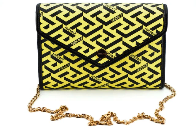 Versace Greca Goddess Yellow Black Leather Shoulder Crossbody Clutch Bag