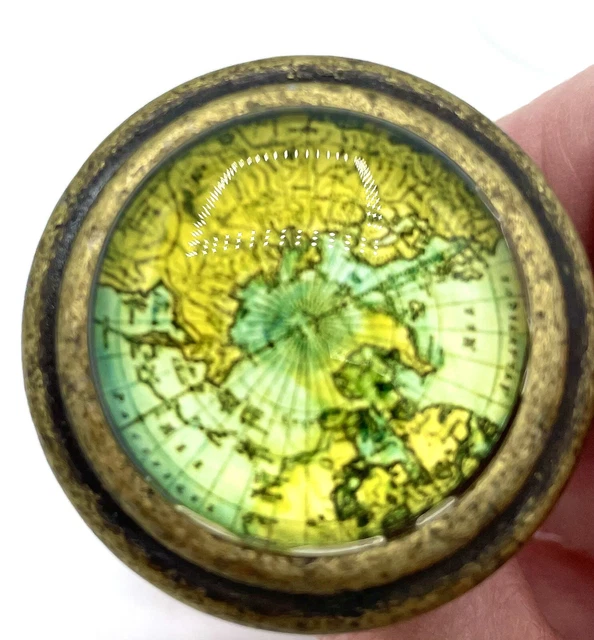 Old World Map Metal Knob Drawer Pull Antiqued Brass Under Glass Coat Hook