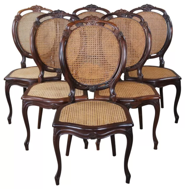 6 Vintage French Louis XV Style Rosewood Carved Balloon Back Caned Dining Chairs