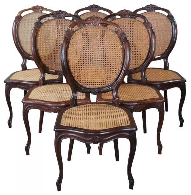 6 Vintage French Louis XV Style Rosewood Carved Balloon Back Caned Dining Chairs 6 Vintage French Louis XV Style Rosewood Carved Balloon Back Caned Dining Chairs