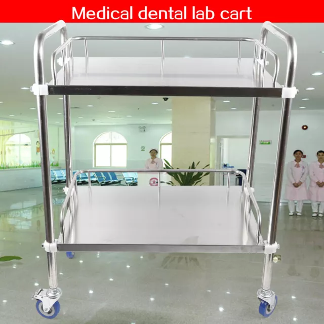 2 Tier Stainless Steel Trolley Cart Medical Dental Rolling Serving Cart Lockable