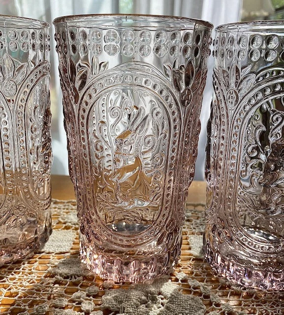 Charming Victorian Style Pink Hobnail Glass Bunny Rabbit Tumblers (3)