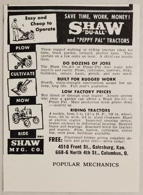 1948 Print Ad Shaw Du-All & Peppy Pal Tractors Galesburg,KS & Columbus,OH