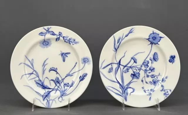 Pair Antique Minton Blue Transfer Butterfly + Bugs Aesthetic Botanical 9" Plates