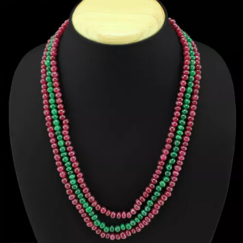 BEAUTIFUL 312.00 CTS Enhanced RUBY & GREEN EMERALD BEADS NECKLACE (DG)