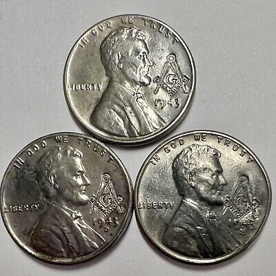Lincoln Wheat 1943 Steel Cents P D S 3 Coin Lot Free Mason Engraving Collection