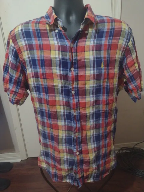 Ralph Lauren Mens Button Down Short Sleeve Shirt 100% Linen Plaid MultiColor XL