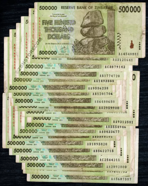 500,000 Zimbabwe Dollars x 20 Banknotes Bundle 2008 Series AA AB AC ~ Authentic