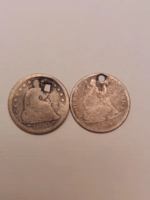 Lot of 2 silver half dimes 1853 and worn date HOLED