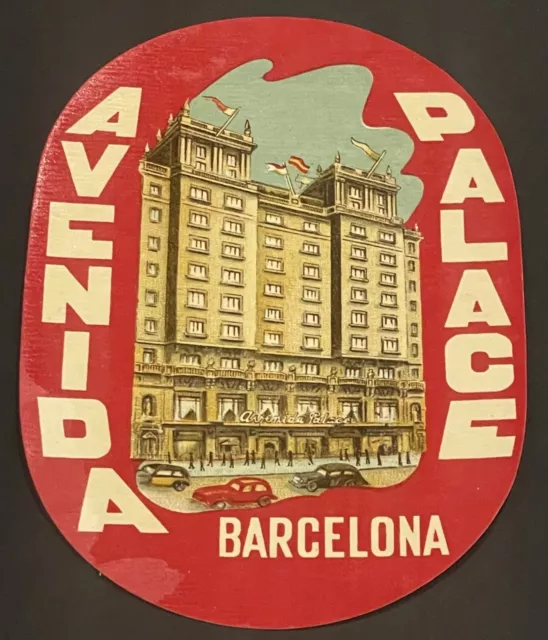 Vintage Luggage Label AVENIDA PALACE HOTEL Barcelona Spain Cars Flags People