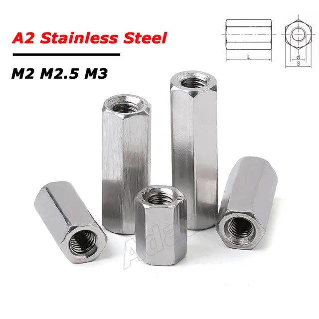 M2 M2.5 M3 Hex Connector Nuts Threaded Sleeve Rod Bar Stud Long Nut A2 Stainless
