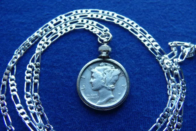 RANDOM YEAR Mercury Dime Coin Pendant on a 20" .925 Sterling Silver Chain