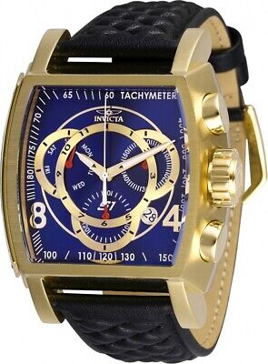 Invicta Mens 48mm S1 Rally Gold Blue Dial Chronograph Swiss Black Leather Watch