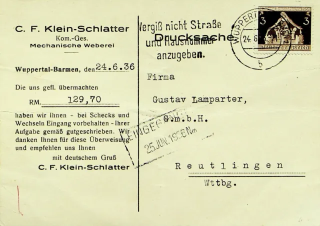 Sephil Deutschland 1936 Vor WWII 3pf Auf Postkarte Wuppertal Sich Reutlingen W/