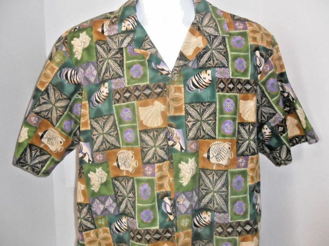 Hawaiian Shirt by Diamond Head MADE IN HAWAII Size L Green Tiki. Good Condition