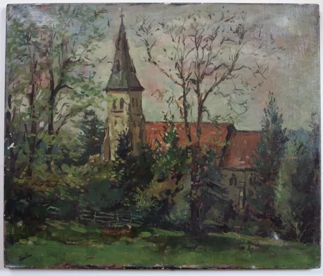 Peter Collins A.R.C.A. (1923-2001) Rural church landscape. Oil painting, Modern.