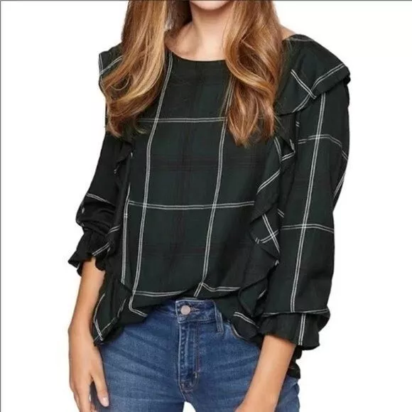 Sanctuary Taylor Green Plaid Flutter Blouse Size Medium