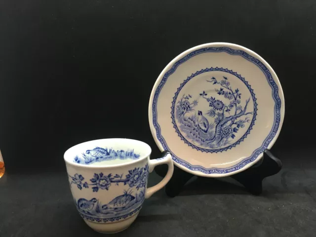 Furnivals Quail 1913 England China Blue Teacup and Saucer