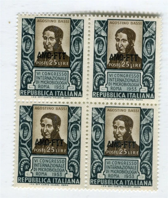 ITALY; 1953 Trieste Optd. issue fine MINT MNH Unmounted BLOCK of 4,