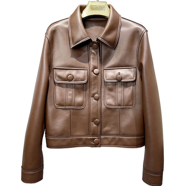 New Leather Jacket Women Spring Autumn Bomber Top Motorcycle Real Leather Coats