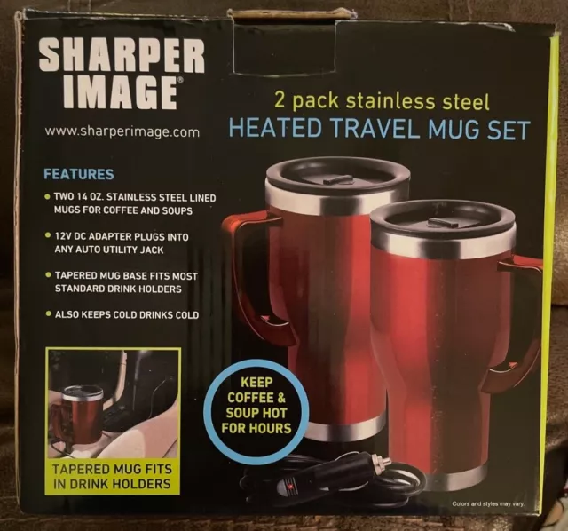Sharper Image 2 Pack Stainless Steel Heated Travel Mug Set Red 14oz 12V NEW 3