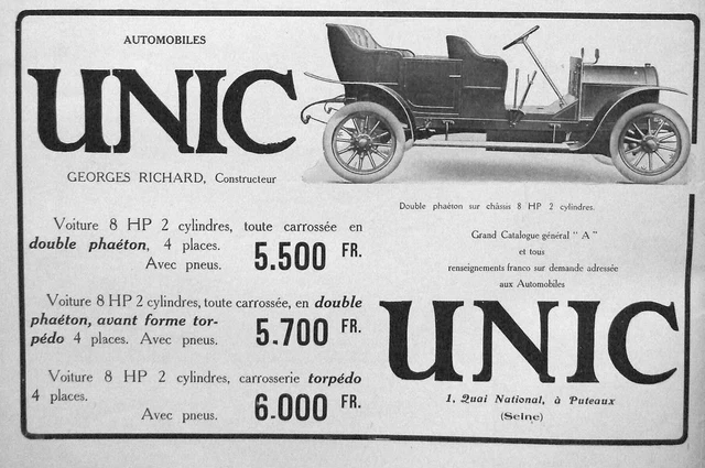 1911 Unic Georges Richard Automobiles Press Advertisement Car 8 Hp 2 Cyl