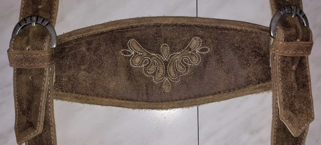 Lange 117 cm Echtleder Lederhosenträger Schild Antik braun weiß Relief bestickt