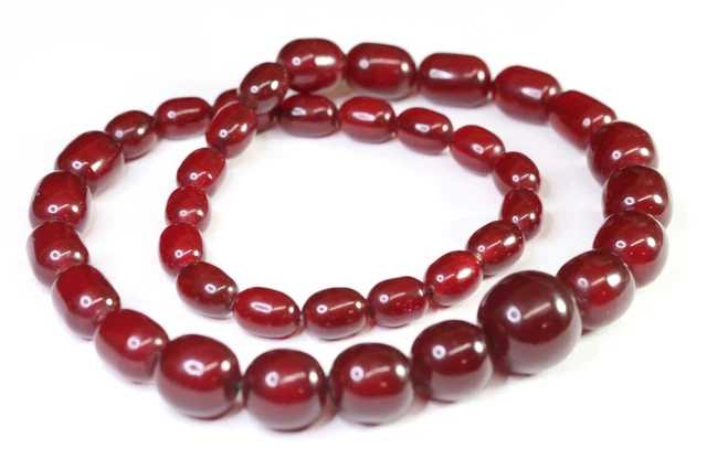 Collier Ancien En Perles D'ambre Cerise Foncée (Dark Cherry Amber) - Longueur 77cm, 100g, Style Art Déco Naturel