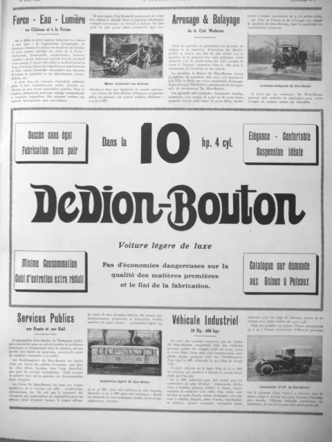 Publicité De Presse 1922 Dedion Bouton 10 Hp 4 Cylindres Voiture Légère De Luxe