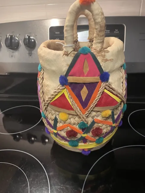 Native American Boho Leather Hide Handmade Hanging Basket Planter Vase