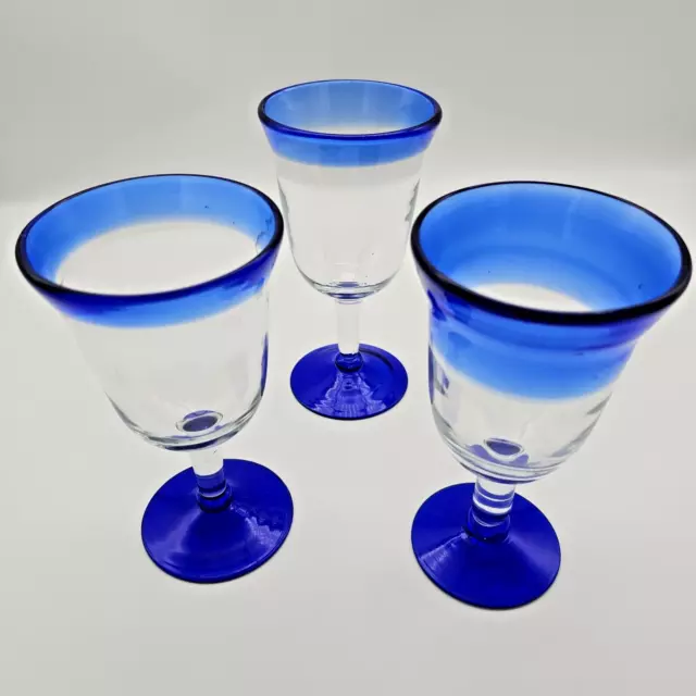 Mexican Hand Blown Cobalt Blue Rim & Base Set Of 3 Water Wine Glasses Goblets