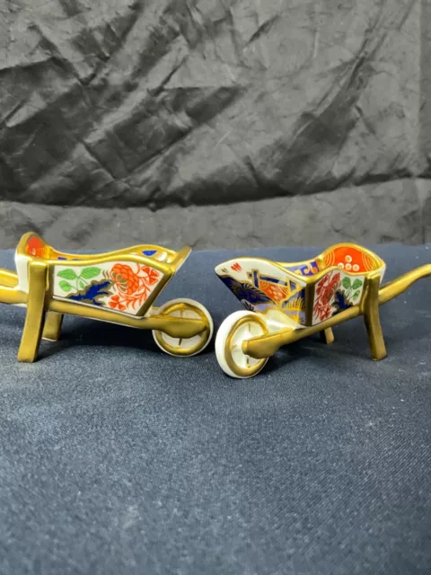 2 Royal Crown Derby Hand Painted Mini Wheel Barrow Salt Cellar Figurine MINT